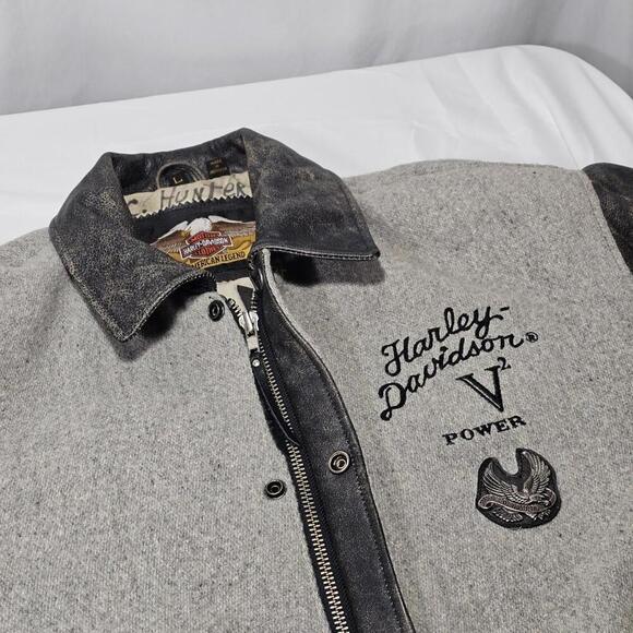Harley Davidson Men Leather Jacket V Power Motorcycles Spell Out Logo Zip Coat L - Picture 5 of 15